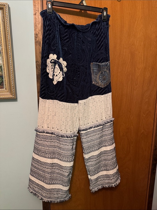 Pants - Boho Patchwork Navy and Cream Wide-Leg Pants
